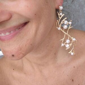 Gold twigs and pearls evening statement earrings